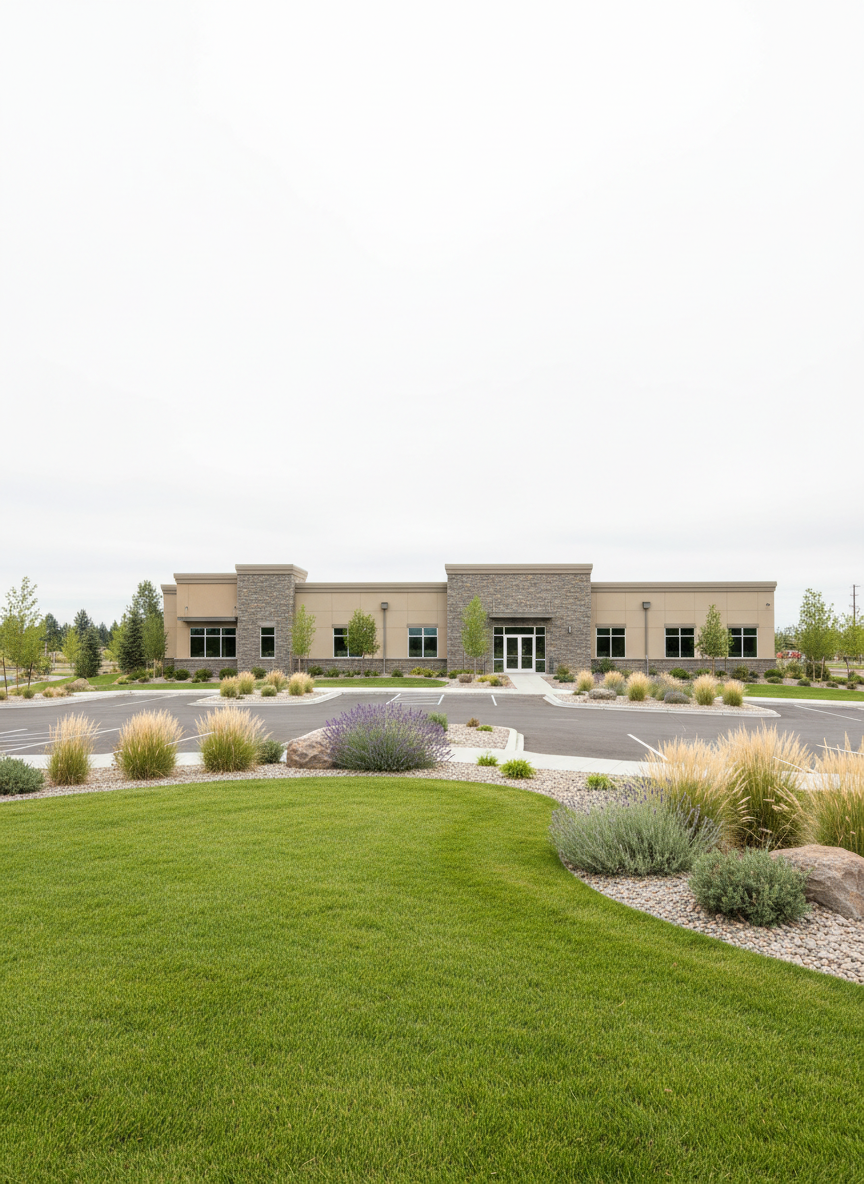 A spacious commercial property in Bend, Oregon, with a broad, evenly manicured lawn leading up to a low-profile office building clad in neutral stucco and stone. Wide, clean pathways and parking lot islands are filled with drought-tolerant plants, small junipers, and decorative rock. The sky is bright but slightly overcast, providing diffused, even lighting that reduces harsh shadows and enhances clarity. Photographic realism with a slightly elevated angle, ensuring the landscaping frames the building as a professional, inviting environment. The mood is polished and trustworthy, emphasizing reliable commercial lawn care and property maintenance without any vehicles or people present.