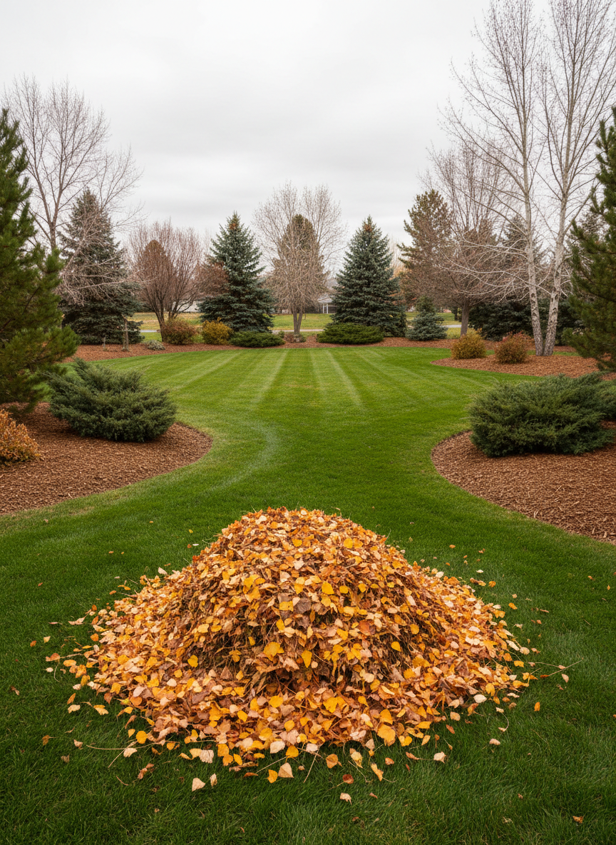 A Central Oregon yard in mid-fall undergoing leaf and debris clean-up. The foreground shows a large, neatly raked pile of golden and rust-colored leaves beside a tidy, vibrant green lawn. The surrounding planting beds are free of clutter and freshly mulched in rich, dark bark, with evergreen shrubs providing year-round structure. Overcast, diffused daylight evenly illuminates the scene, minimizing harsh shadows and enhancing color accuracy. Photographic realism shot at eye level with moderate depth of field, keeping most of the yard in clear focus. The atmosphere is orderly and efficient, reflecting reliable seasonal yard clean-up services, with no people or tools visible.