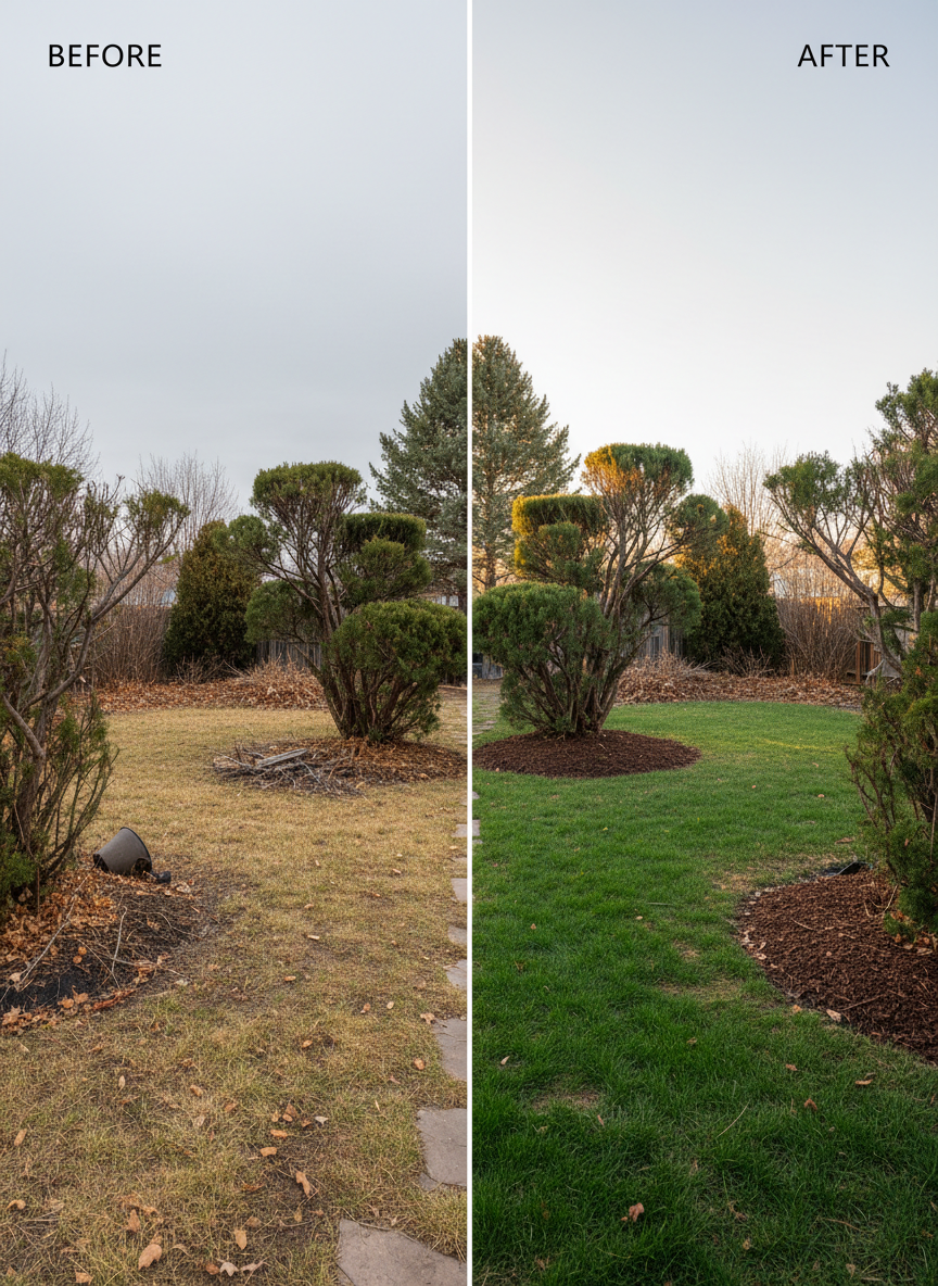 A dramatic before-and-after split image concept of a Central Oregon backyard cleanup. On the left, a neglected yard with patchy grass, overgrown shrubs, fallen leaves, and scattered branches under flat, gray light. On the right, the same space fully transformed: revitalized, level green lawn, pruned shrubs with clean lines, fresh dark mulch in beds, and all debris removed. The right side is captured in warm, late-afternoon sunlight with crisp contrast and vivid color. Photographic realism, straight-on composition with a clear dividing line down the center. The overall mood shifts from cluttered and tired to organized, fresh, and professionally restored, highlighting seasonal clean-up services.